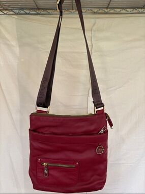 Red Leather Crossbody Bag with Adjustable Branded Strap